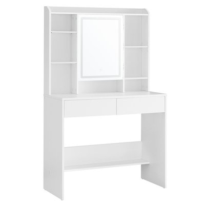 Coiffeuse 2 tiroirs, 7 niches et 1 miroir blanc - L90 cm CALICOSY