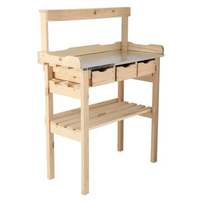 Table à rempoter en pin avec plateau zinc 3 tiroirs + étagère supérieure JARDINDECO