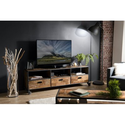 Meuble TV à roulettes 175cm teck recyclé et métal 3 tiroirs 3 niches style industriel SWING PIER IMPORT