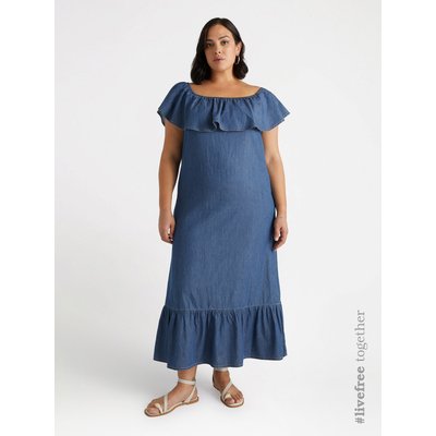 Robe longue en denim à décolleté épaules dénudées avec volant extensible FIORELLA RUBINO