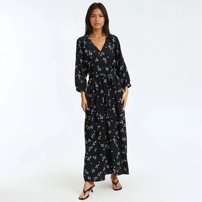 Koroshi Abito Lungo Donna Floreale Nero – Maniche Corte, Scollo A V Incrociato, Dettaglio Anello, Tessuto Morbido 95% Poliestere 5% Elastan