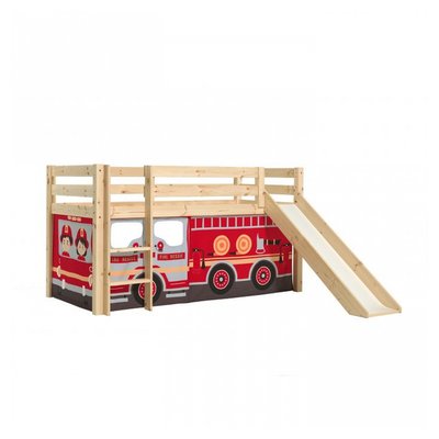 Lit Compact avec Toboggan Nature + Rideau pour lit en parties Pompiers VIPACK