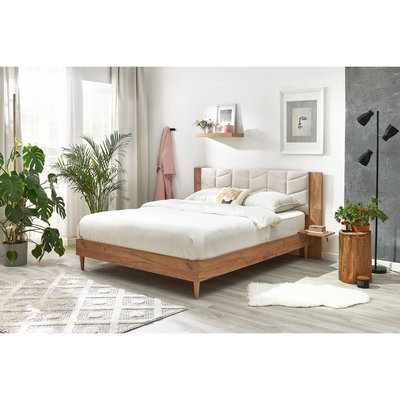 Lit en MDF Tissu avec pieds en bois naturel, LEONA BOBOCHIC