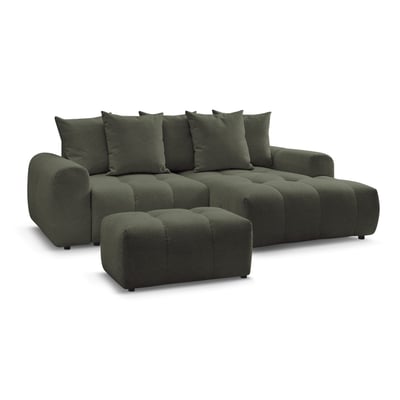 Canapé d'angle convertible 3 places en tissu chiné avec pouf, ROXELANE BOBOCHIC