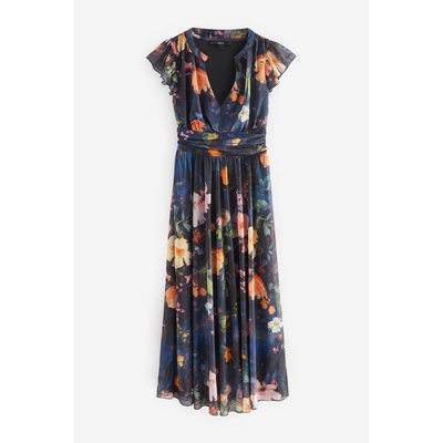 Robe mi-longue imprimée col v en tulle plissé NEXT
