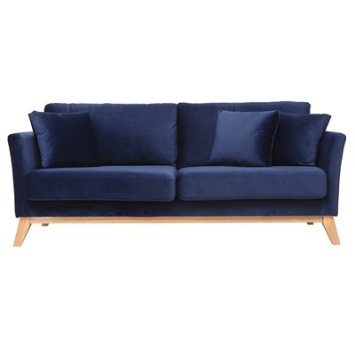 Canapé scandinave déhoussable 3 places en tissu velours côtelé beige et bois clair OSLO MILIBOO