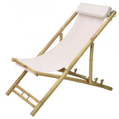 Chaise longue pliante chilienne bambou et tissu blanc 112x60x80cm WADIGA