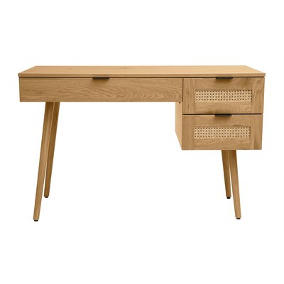 Bureau finition bois clair, cannage rotin et métal noir 3 tiroirs L120 cm MANILLE MILIBOO