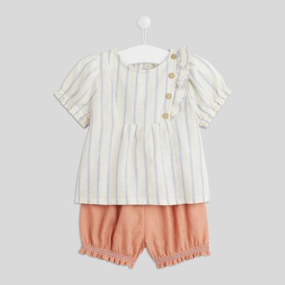 Set blouse rayée à manches courtes et short uni en coton et lin, certifié GOTS, OEKO-TEX et European Flax BOUT'CHOU
