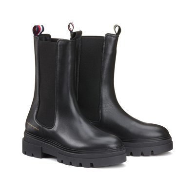 Boots aus Leder, Dehneinsatz und flacher Absatz TOMMY HILFIGER