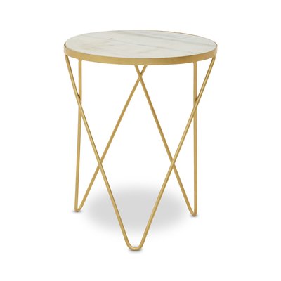 Round Side Table with Gold Metal Hairpin Legs and White Marble Top SO'HOME