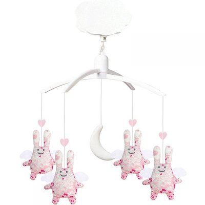 Mobile musical Anges lapins fleurs roses TROUSSELIER