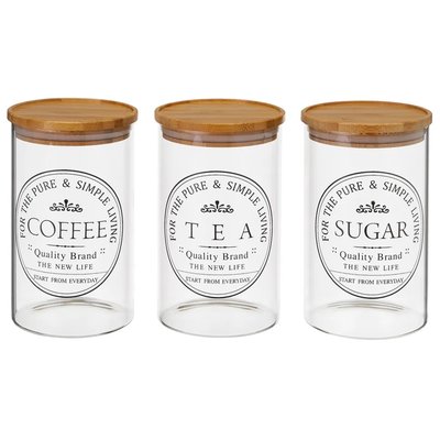 Set de 3 bocaux cuisine en verre avec bouchon bambou café, thé, sucre WADIGA