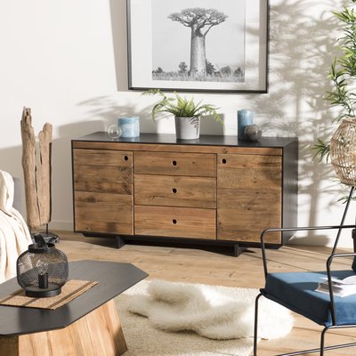 Buffet bahut style moderne facade en bois recyclé avec tiroirs et contour noir CRACOVIE PIER IMPORT