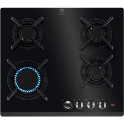 Plaque gaz KGG643753K - 4 foyers Verre Noir et Grilles Fonte ELECTROLUX