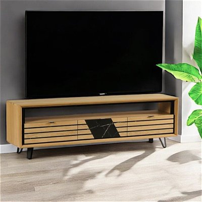 Meuble TV 3 tiroirs chêne blanc décor graphique ESSEN PIER IMPORT