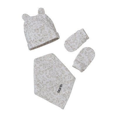 Ensemble bonnet + moufles + foulard + sac imprimé VERTBAUDET