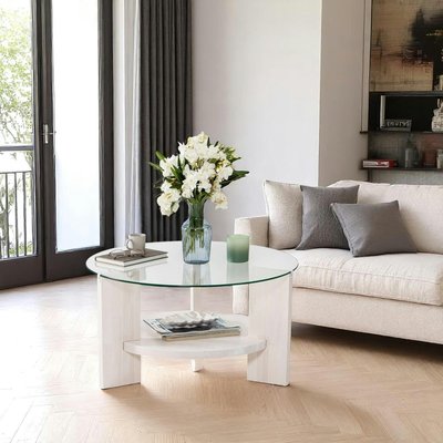 Table basse blanche ronde - verre et bois, 2 plateaux ANZIO PIER IMPORT