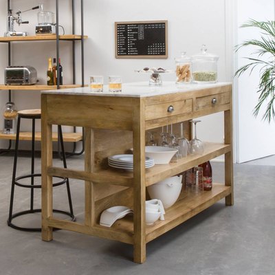 Ilot central en bois de manguier et marbre blanc  LOUISA MADE IN MEUBLES 