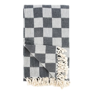 Plaid en coton damier gris avec franges AUBRY GASPARD
