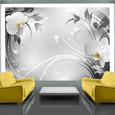 Papier peint intissé panoramique Fleurs Orchids on silver EDEN