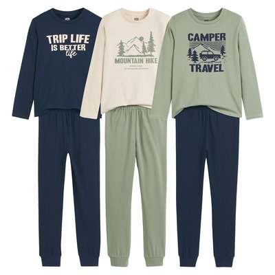 Pack of 3 Pyjamas in Cotton Jersey with Slogan/Mountains Print LA REDOUTE COLLECTIONS