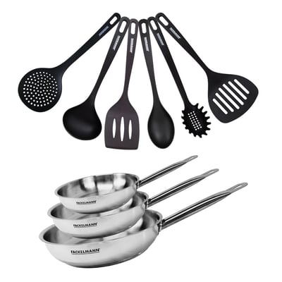 Set de 3 poêles 20 24 et en inox et 6 ustensiles ETERNA FACKELMANN