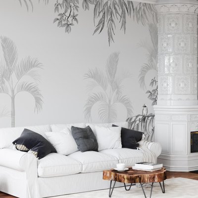 Papier peint panoramique noir et blanc jungle avec plantes et oiseaux - 425x260 cm (l x h) LA TOUCHE ORIGINALE