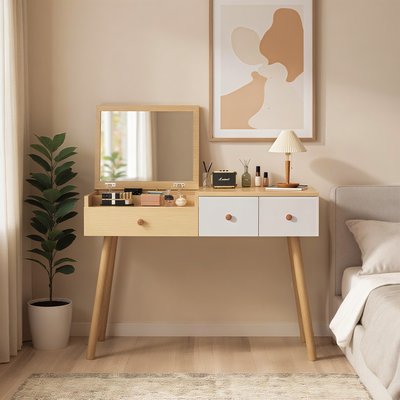 Coiffeuse table de maquillage avec 3 tiroirs et miroir sans tabouret scandinave, ULTRAA MEUBLES COSY