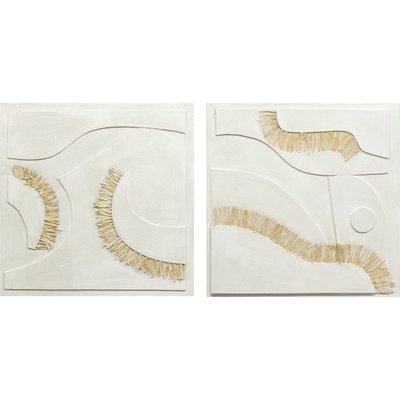 Toile abstraite décorative en relief  et ocre avec motifs en raphia RECOLLECTION
