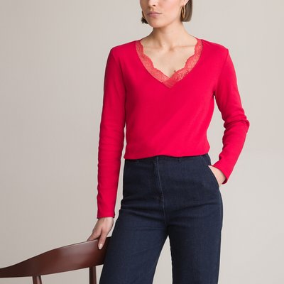 Langärmeliges Shirt, V-Ausschnitt mit Spitze ANNE WEYBURN