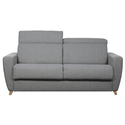 Canapé convertible avec têtières ajustables 3 places en tissu gris et bois clair et matelas 18 cm GOYA MILIBOO