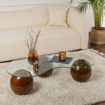 Table basse en verre design – 3 pieds boules marrons KOCHI PIER IMPORT