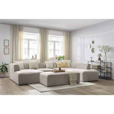 Canapé panoramique fixe 6 places en tissu texturé avec pouf, MEGEVE BOBOCHIC