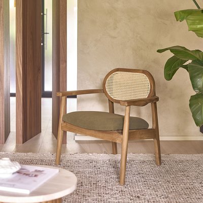 Fauteuil en teck massif, cannage et tissu velours côtelé kaki  SABI BERAH GETAH