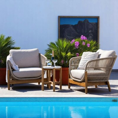 Salon de jardin détente en bois d'acacia et corde tressée (2 fauteuils, 1 petite table ø36 cm) MENDOZA PIER IMPORT