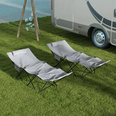Lot de 2 bains de soleil transats pliables - poches latérales rangement, tétière - acier oxford gris OUTSUNNY