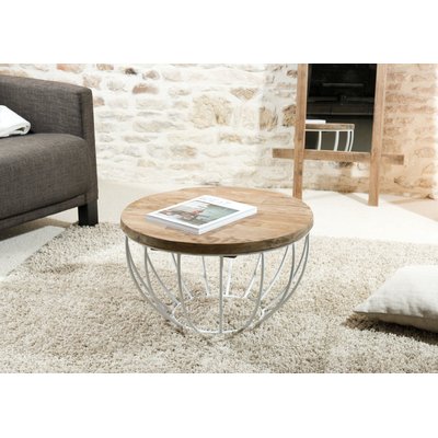 Table basse ronde 60cm plateau teck recyclé métal blanc style contemporain industriel SWING PIER IMPORT