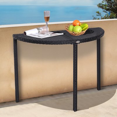 Table de balcon jardin demi-lune résine tressée 4 fils imitation rotin noir OUTSUNNY