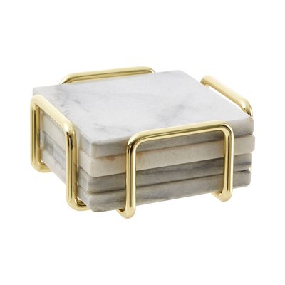 Set of 4 Marble Coasters with Brass Finish Holder SO'HOME
