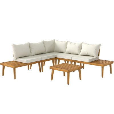 Salon de jardin d'angle 5 places bois d'acacia table basse coussins crème OUTSUNNY