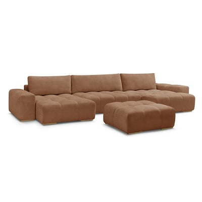 Canapé panoramique fixe 6 places en tissu texturé avec pouf, ANAKIN BOBOCHIC