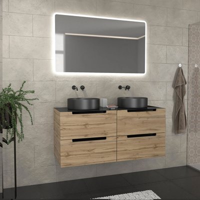 Meuble de salle de bains avec 2 vasques rondes et 1 miroir rectangulaire à led HOME MAISON