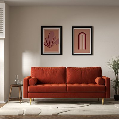 Coco Mid-Century Velvet 3 Seater Sofa with Natural Wood Legs SO'HOME