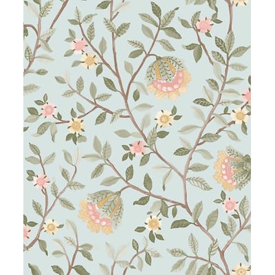 Papier peint fleuri botanique fond bleu glacier HEXOA