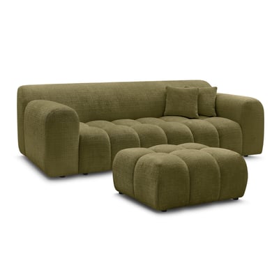 Canapé droit fixe 3 places en tissu texturé avec pouf, MELISSE BOBOCHIC