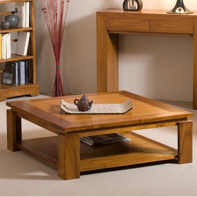 Table basse exotique carrée 90cm double plateau bois teck verni BISHO PIER IMPORT