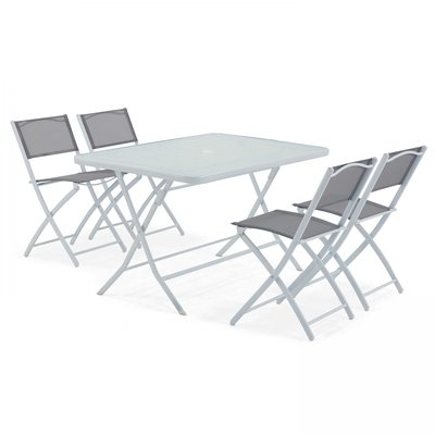 Salon de jardin table et 4 chaises pliantes en acier et verre, CALVI OVIALA