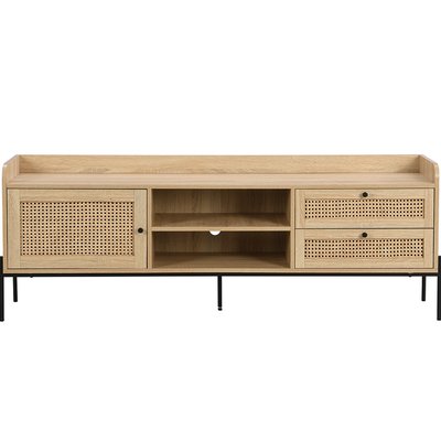 Meuble TV 1 porte 2 tiroirs en cannage et effet chêne - IRIS HOMIFAB