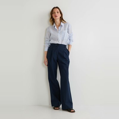 Pantalon large taille haute en lin et coton MONOPRIX